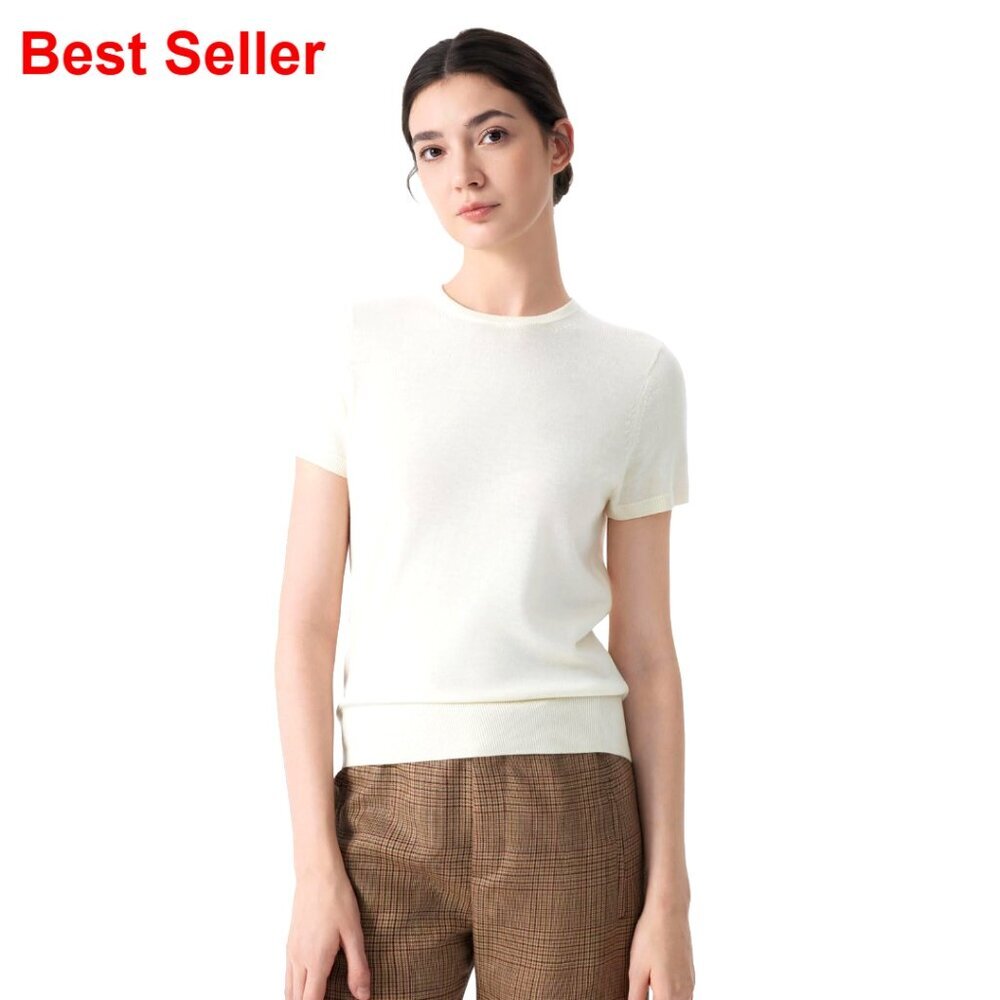 Silk Cashmere Blend Crew Neck Short Sleeve Sweater Loose Fit Lightweight